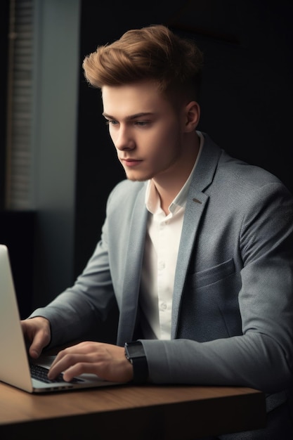 Cropped shot of a handsome young man working at his laptop in the office created with generative ai