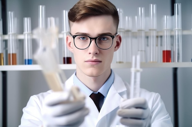 Cropped shot of a handsome young scientist holding test tubes in his hand created with generative ai