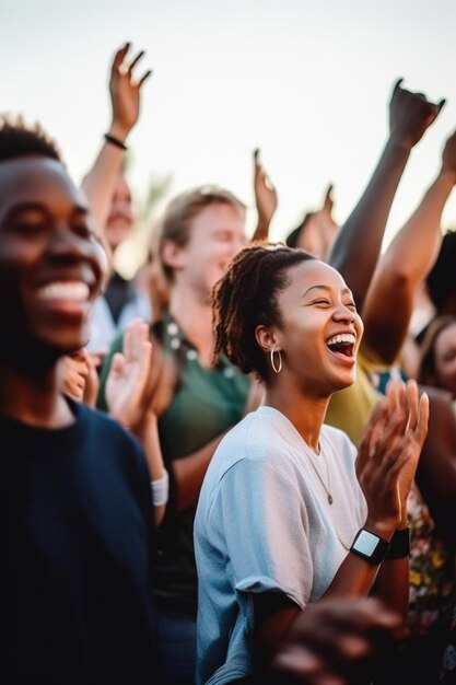 Cropped shot of a lively crowd listening to music at an outdoor concert created with generative ai