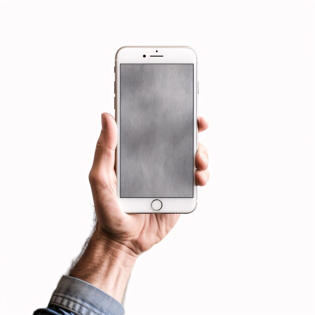 cropped shot of man holding smartphone with blank screen isolated on white