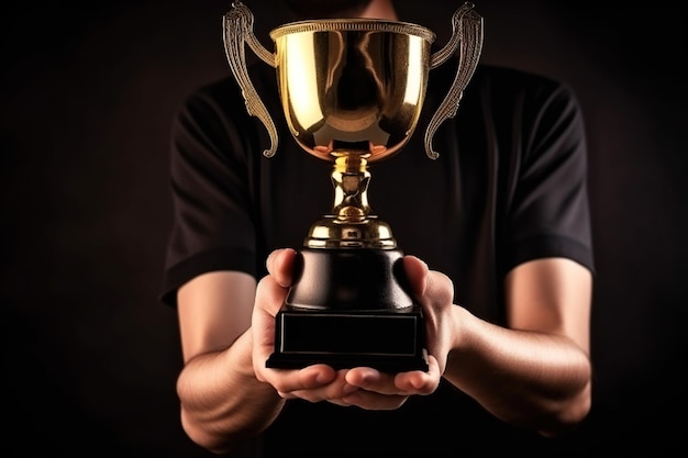 Cropped shot of man holding trophy on black background with copy space Generative AI