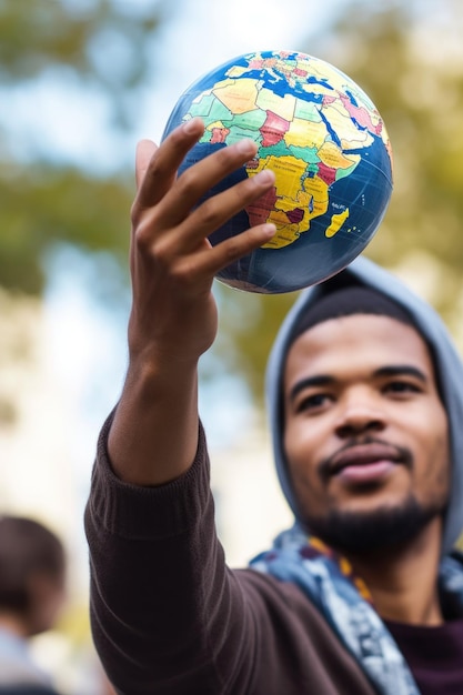 Cropped shot of a man holding up a globe outside created with generative ai