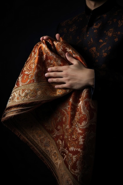 Cropped shot of a man holding up a luxurious fabric created with generative ai