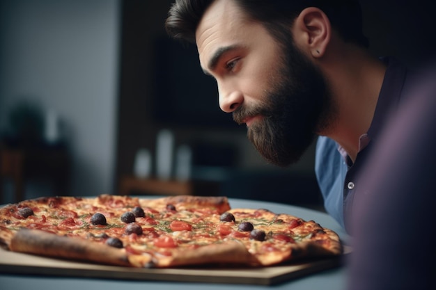생성 AI로 만들어진 주문한 피자를 바라보는 남자의 절단된 사진