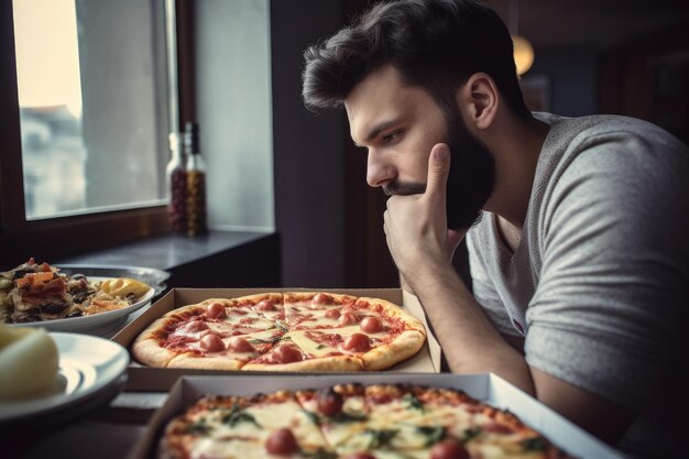 Cropped shot of a man looking at his ordered pizza created with generative ai