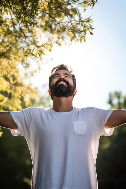 Cropped shot of a man standing outside with his arms open created with generative ai