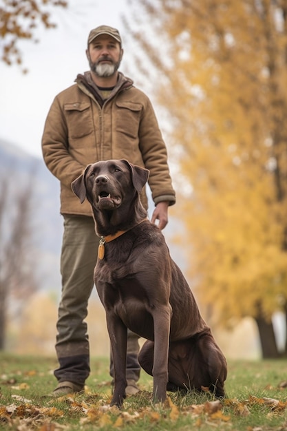 Cropped shot of a man standing with his assistant dog created with generative ai