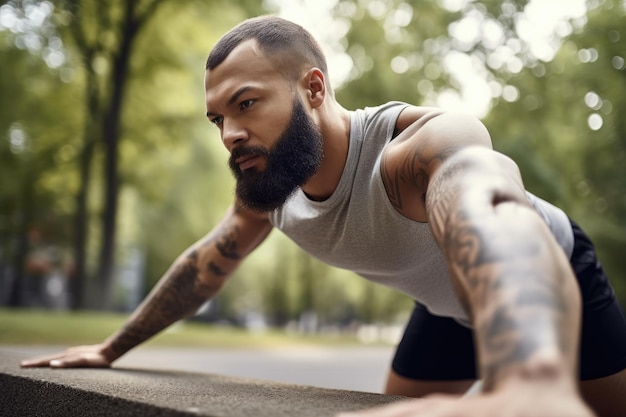 Photo cropped shot of a man stretching in preparation for his outdoor workout