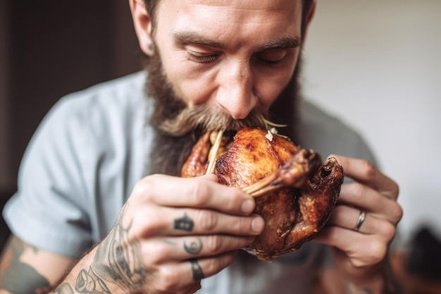 Cropped shot of a man taking a bite out of his lowfat turkey created with generative ai