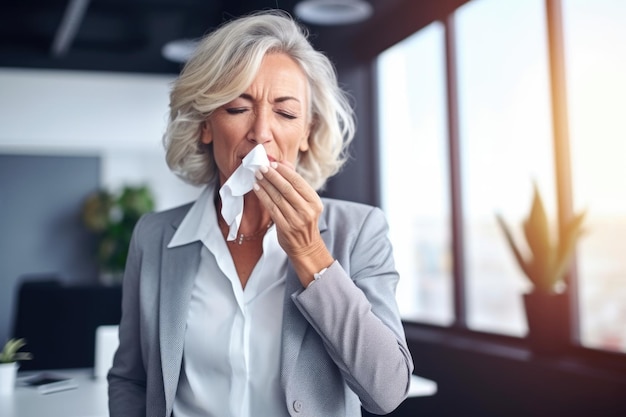 Cropped shot of a mature businesswoman blowing her nose with a tissue created with generative ai