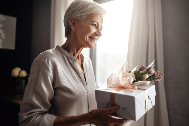 Cropped shot of a mature woman opening her gift on her special day created with generative ai