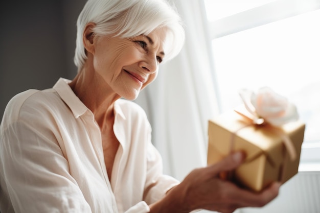 Cropped shot of a mature woman opening her gift on her special day created with generative ai