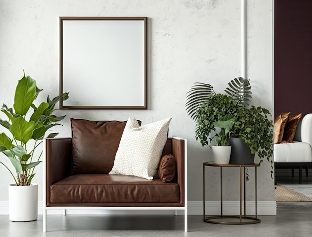 Cropped shot of modern living room with mock up frame on white wall and plant pot Generative AI