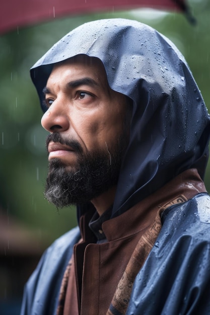 Cropped shot of a muslim man standing outside in the rain created with generative ai