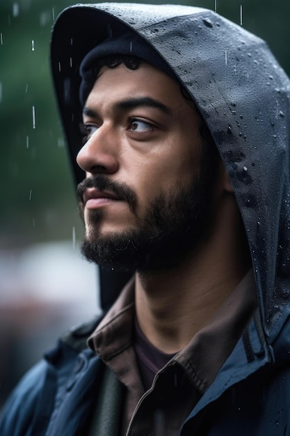 Cropped shot of a muslim man standing outside in the rain created with generative ai