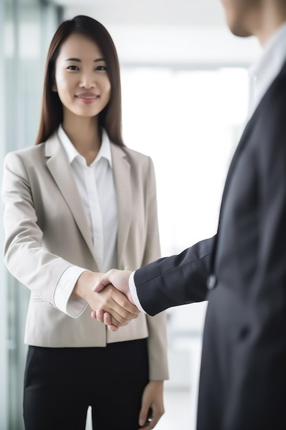 写真 オフィスで女性同僚と握手しているビジネスマンをカットした写真