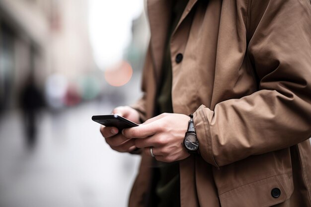 Фото Обрезанный снимок человека, использующего свой смартфон для текстовых сообщений на улице, созданный с помощью генеративного искусственного интеллекта