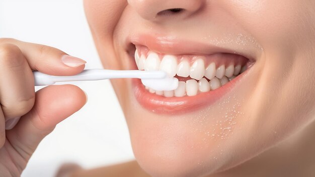 写真 歯ブラシで歯磨きをしている若い笑顔の女性のクロップショット 隔離されたジェネレーティブai