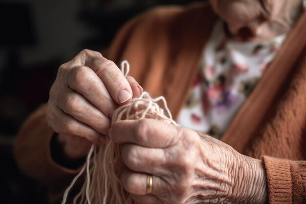 写真 自宅で糸を編む見知らぬ高齢女性のカットショット