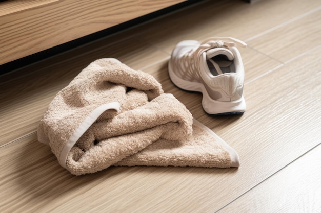 Cropped shot of a pair of running shoes and a towel on the floor created with generative ai