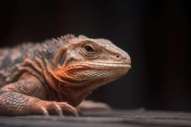 Cropped shot of a scaly lizard on a wooden table created with generative ai