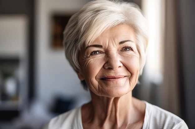 Cropped shot of a senior woman looking cheerful at home created with generative ai