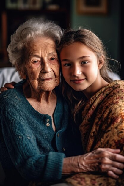 집 에 있는 손녀 와 함께 있는 한 노인 여자 의 개진 사진