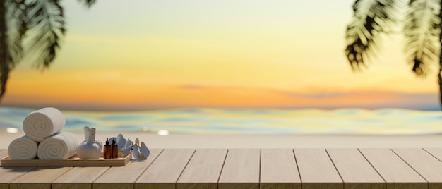 Cropped shot of Spa accessories on wooden table and copy space with sea background, summer concept