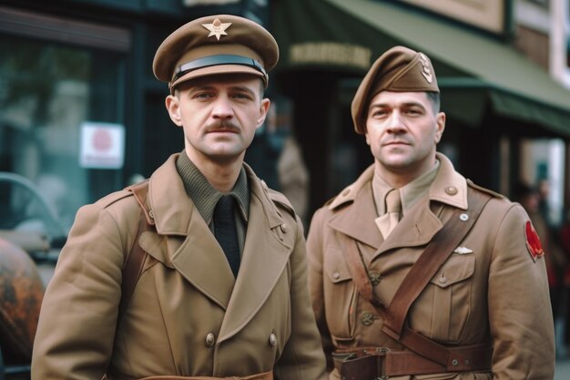 外に立っているビンテージの軍服を着た 2 人の男性のトリミングショット
