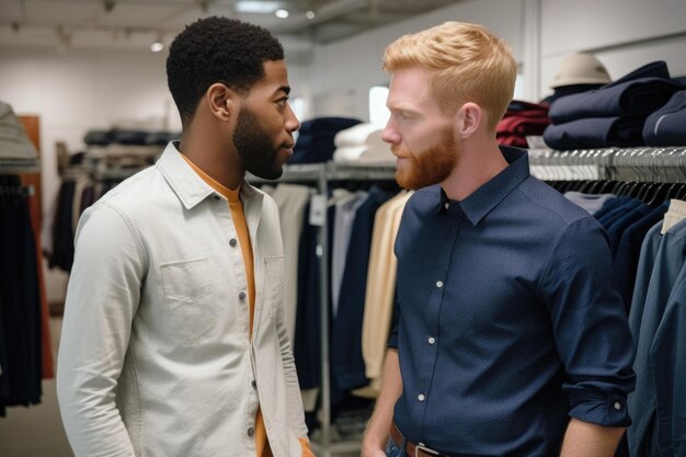 Photo cropped shot of two men talking in a clothing store