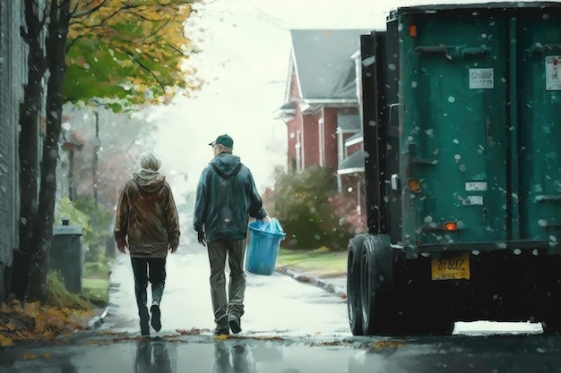 Cropped shot of two people walking next to a recycling truck created with generative ai