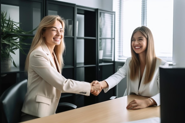 Cropped shot of two smiling businesswomen shaking hands in their office created with generative ai