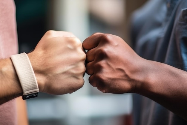 Cropped shot of two unrecognizable men fist bumping created with generative ai