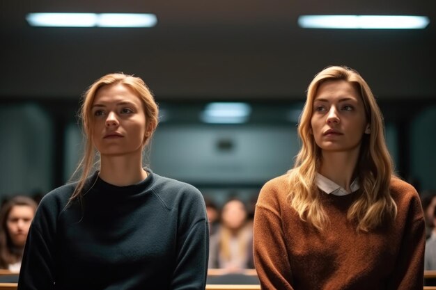 Photo cropped shot of two women standing in a university lecture hall