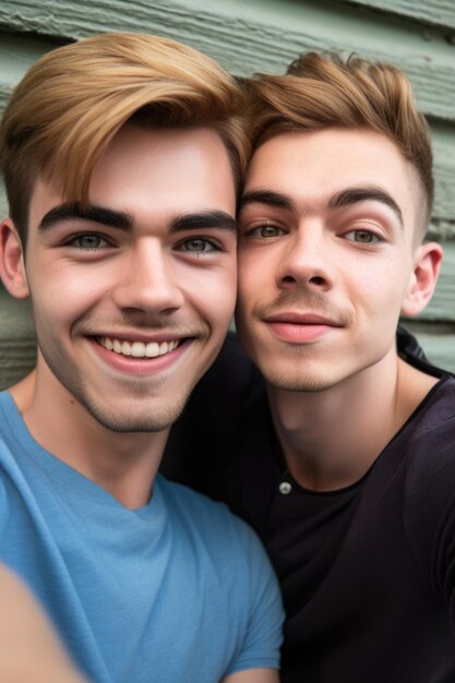 Обрезанный снимок двух молодых геев, делающих вместе селфи