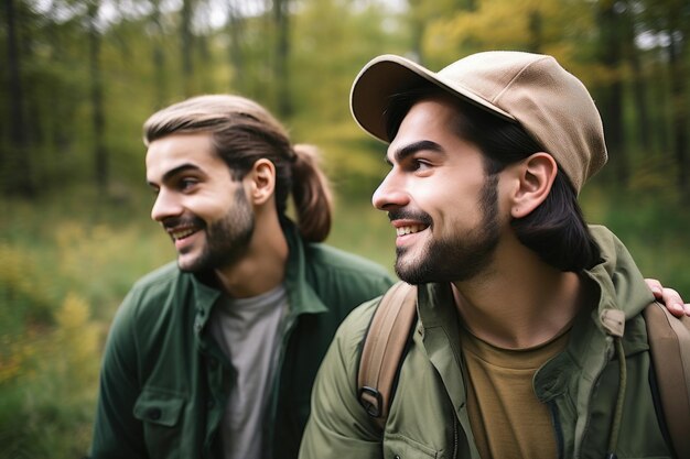 Cropped shot of two young men enjoying a day in the outdoors created with generative ai