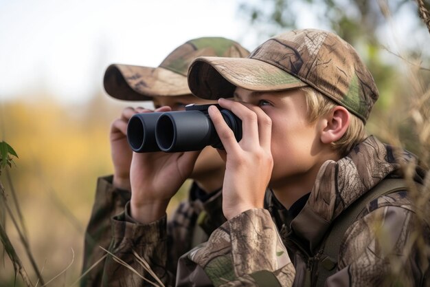 Cropped shot of two young men looking through binoculars while on a hunting trip