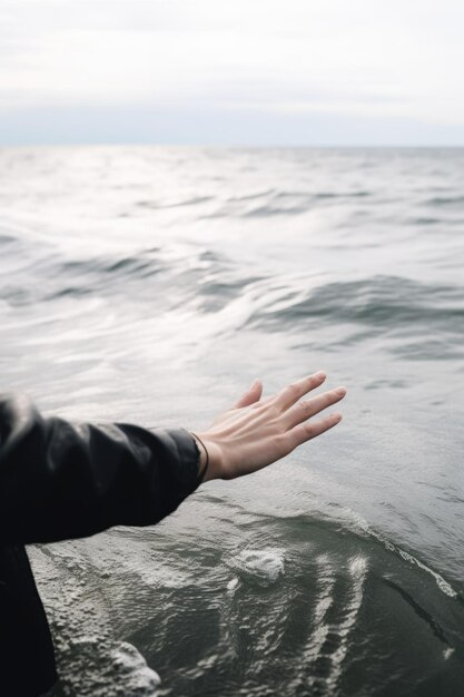 Обрезанный снимок неизвестной женщины, протягивающей руку океану, созданный с помощью генеративного искусственного интеллекта.