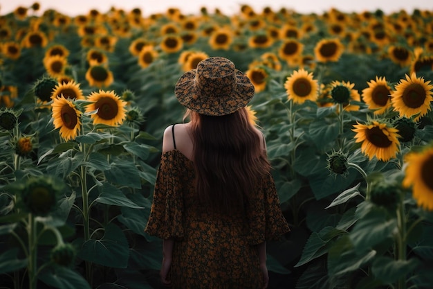 Photo cropped shot of an unrecognisable woman standing alone in a sunflower field