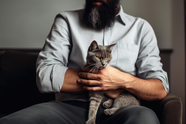 Обрезанный снимок неузнаваемого мужчины, сидящего на полу и держащего в руках кошку
