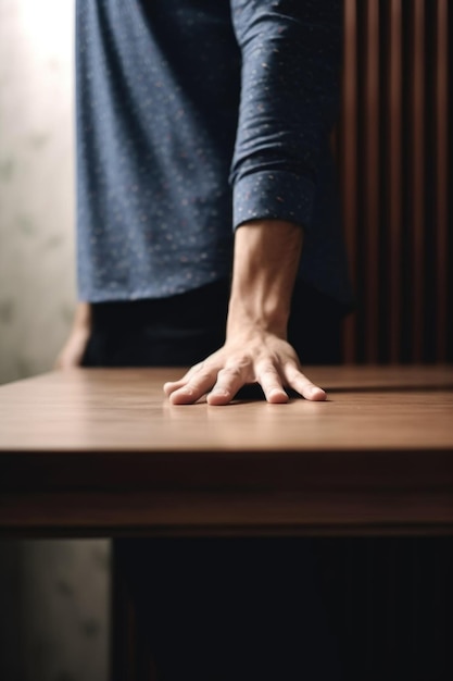 Cropped shot of an unrecognizable man standing with his hand on a table created with generative ai