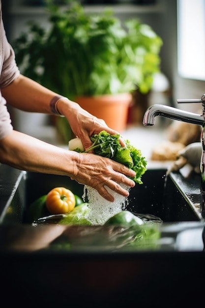 Cropped shot of an unrecognizable woman washing vegetables in the kitchen created with generative ai