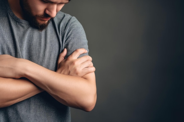 Cropped shot of an unrecognizable young man standing alone and holding his elbow in pain