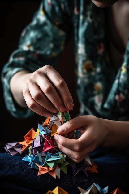 Cropped shot of an unrecognizable young woman folding origami paper created with generative ai