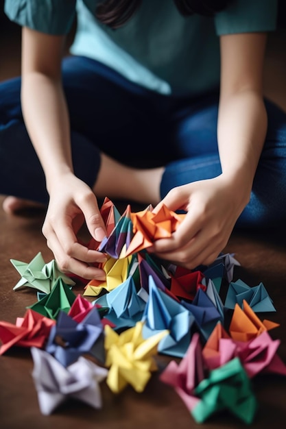 Cropped shot of an unrecognizable young woman folding origami paper created with generative ai