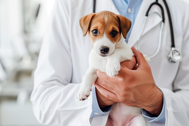 cropped shot of veterinarian holding puppy in hands and