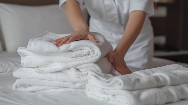 写真 ホテルの寝室のベッドにタオルを並べているホテルのメイドのクロップショットビュー
