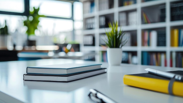 Cropped shot of white table with books stationery and copy space in blurred study room