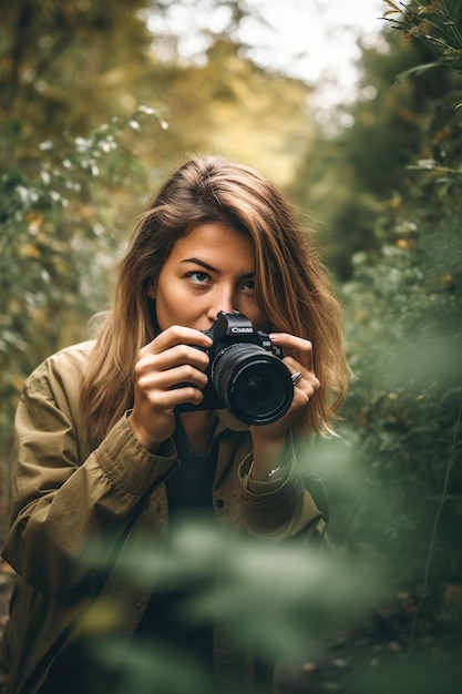 Обрезанный снимок женщины с камерой во время исследования природы, созданный с помощью генеративного ИИ