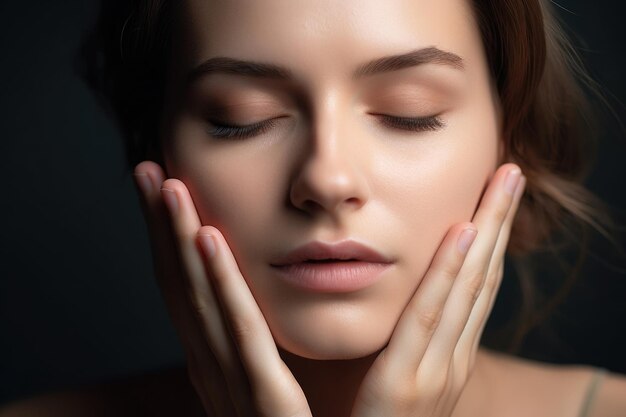 Cropped shot of a woman holding her face in her hands created with generative ai